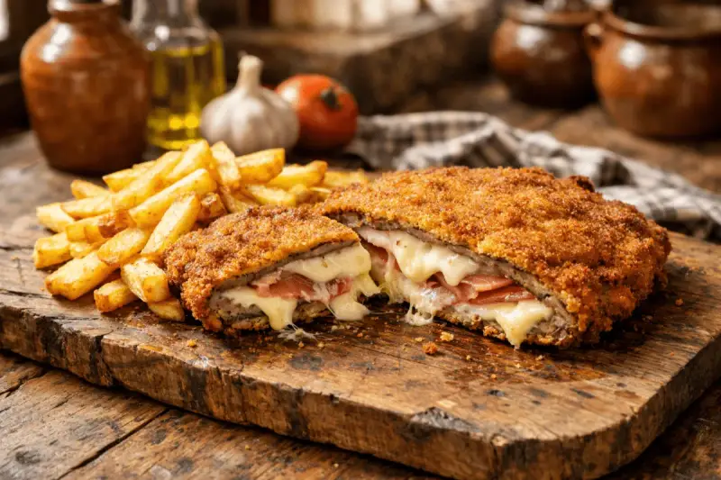 Cachopo jugoso, crujiente por fuera y relleno de jamón y queso fundido. Una deliciosa receta de cachopo, acompañada de patatas fritas.